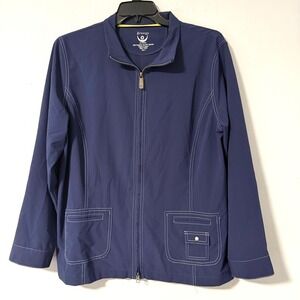 Zenergy By Chico's Navy Blue Zip Up Jacket White Stitching Pockets‎ Size 3=XL